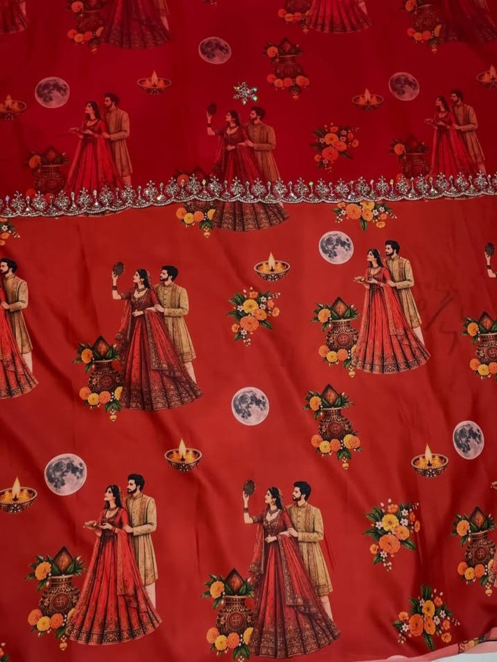 Karwa Chauth special red BSY print with couple, chalni, full moon, diya and kalash motifs, Rajan odhni with cutwork sequin border