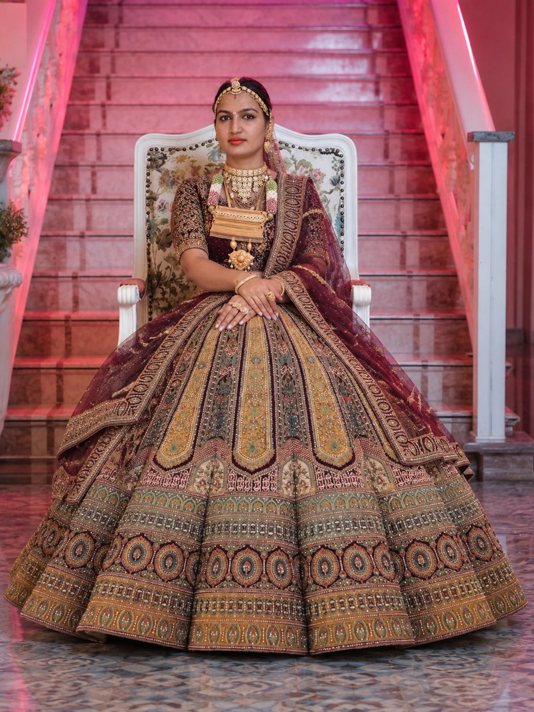 A woman seated on a white chair in front of pink-lit stairs, wearing an ornate traditional bridal outfit with a heavily embroidered voluminous skirt, matching sleeves, and a draped dupatta. She is styled with extensive gold jewelry.