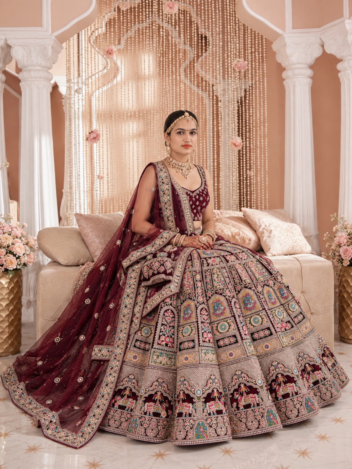 Maroon Velvet Bridal Lehenga – Elephant & Horse Design | Zari + Mirror Work