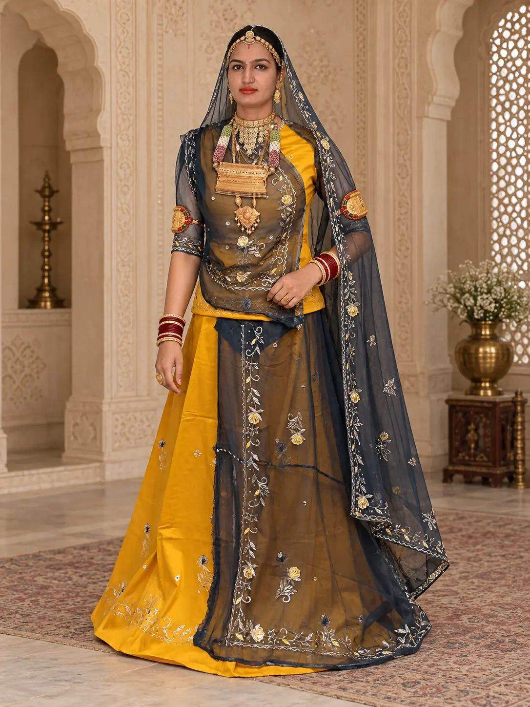 Mustard yellow Rajputi poshak in jaam cotton with a navy blue zari टोरा odhni, front view