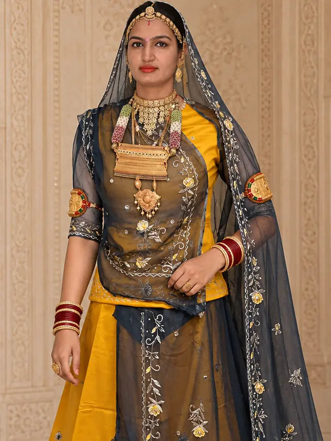 Mustard Yellow Jaam Cotton Rajputi Poshak with Zari Work – Tora Odhni