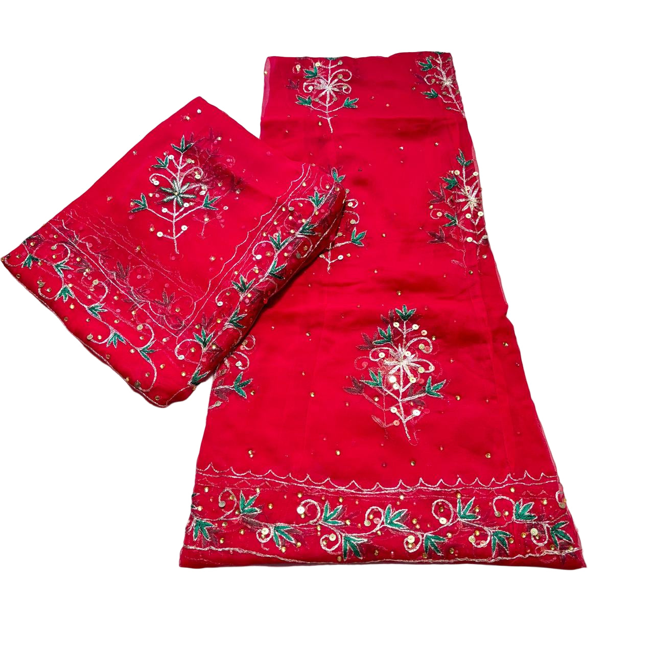 Red fabric with floral embroidery on a white background