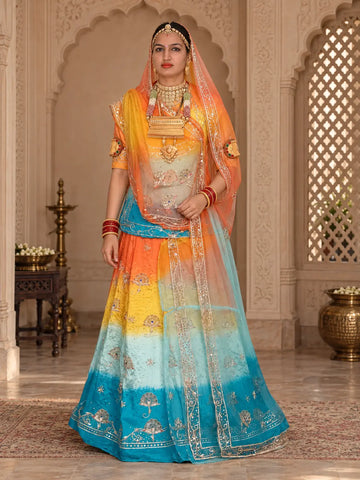 Multicolour shaded Rajputi poshak in pure natural crepe with zardozi work, full front view