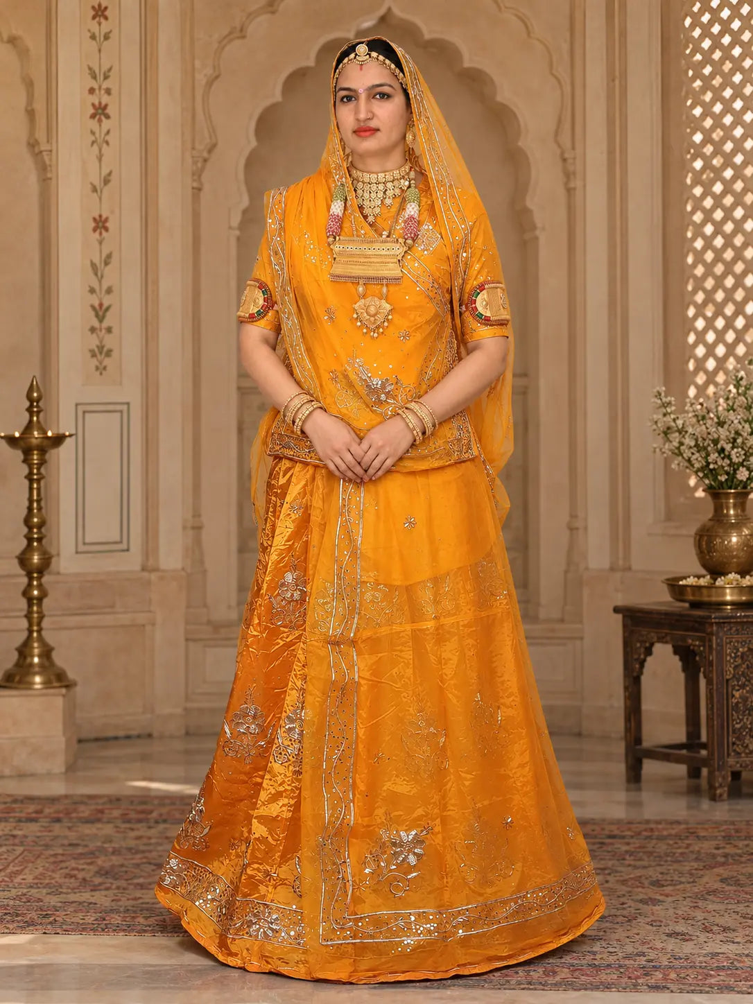 Mustard colour Rajputi poshak in pure natural crepe with silver zardozi flower clusters and yellow odhni, full front view