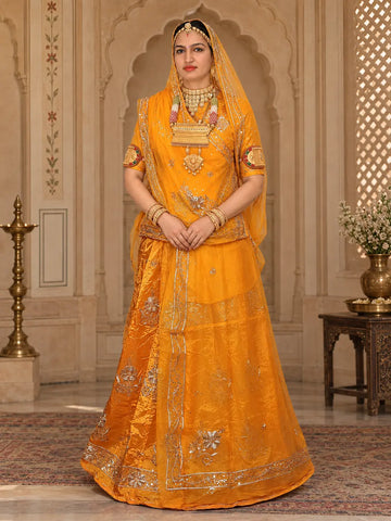 Mustard colour Rajputi poshak in pure natural crepe with silver zardozi flower clusters and yellow odhni, full front view
