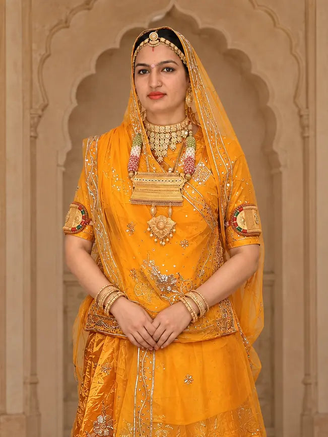 Mustard yellow kurti with a zardozi flower cluster and hem band, pure odhni with double zardozi border over the head
