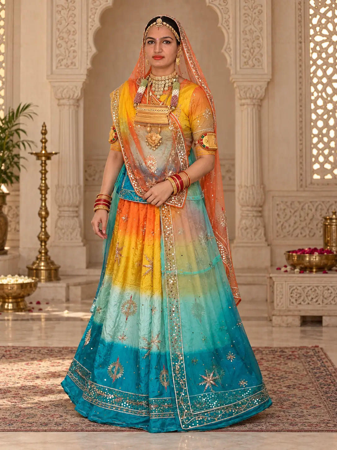 Firozi orange Rajputi poshak in pure natural crepe with zardozi star buttis and orange odhni, full front view