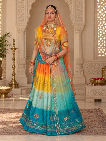 Firozi orange Rajputi poshak in pure natural crepe with zardozi star buttis and orange odhni, full front view