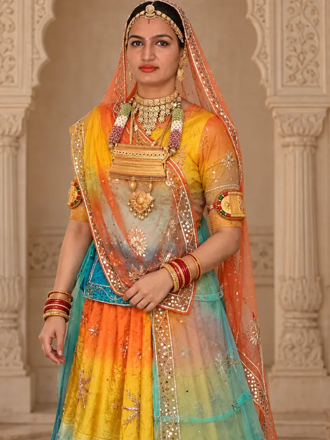 Yellow to orange shaded kurti with zardozi stars, orange odhni with sequin border draped over the head