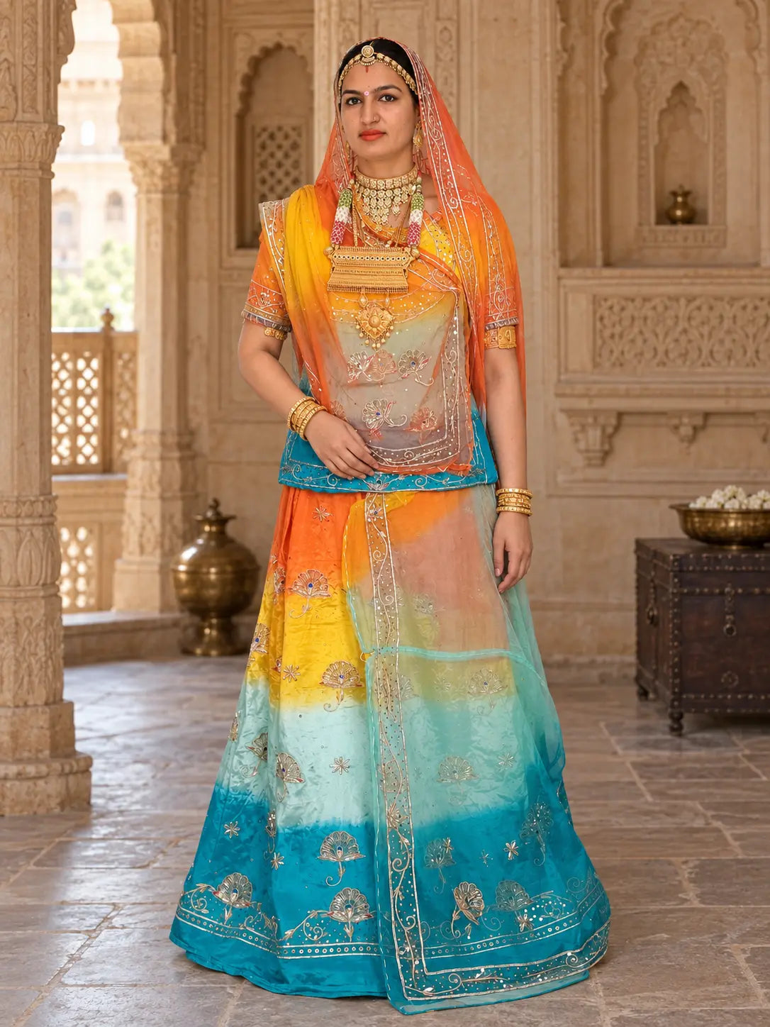 Multi colour Rajputi poshak, full set with a lehenga shaded orange, yellow, aqua and firozi blue, and an orange-yellow odhni
