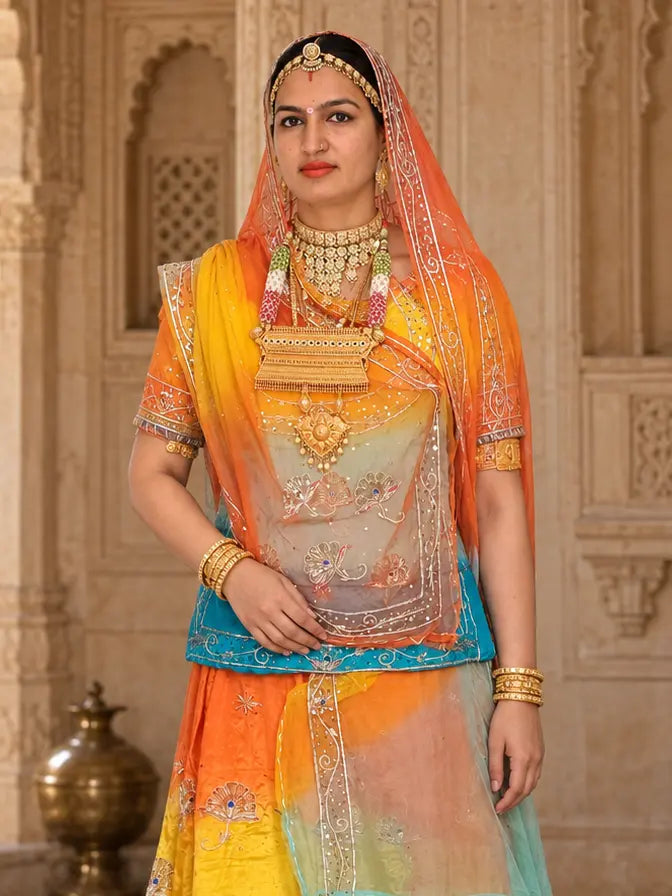Firozi blue kurti under the sheer orange and yellow odhni, with silver fan-shaped motifs and a silver neckline border