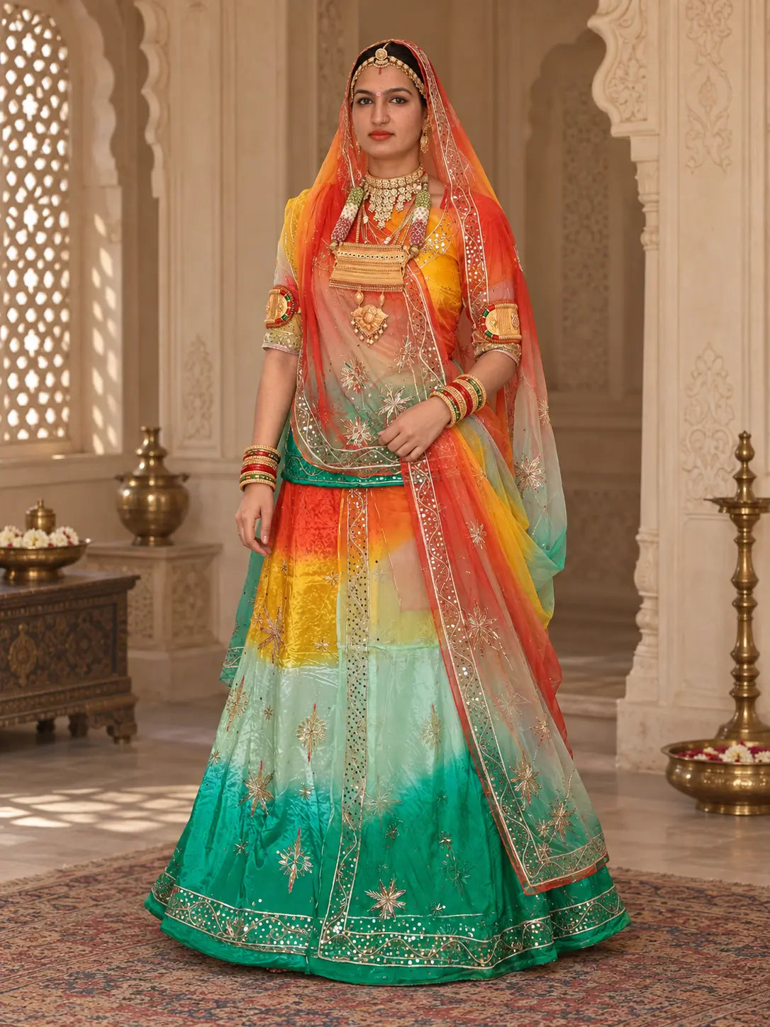 Orange green Rajputi poshak in pure natural crepe shaded through yellow and mint, zardozi star buttis and orange odhni, full front view
