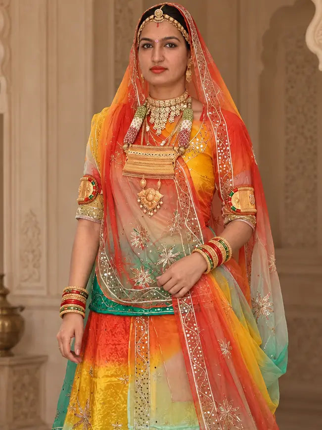 Yellow and orange kurti with zardozi stars and green hem band, orange to mint odhni with sequin border over the head