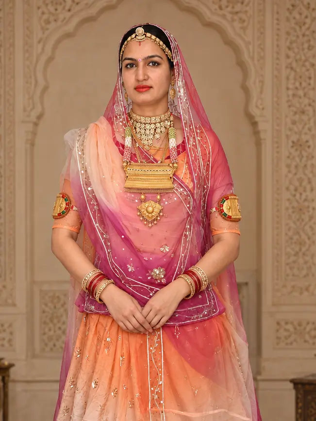 Rani pink kurti with zardozi buttis, odhni shaded from rani pink to peach with zardozi border over the head