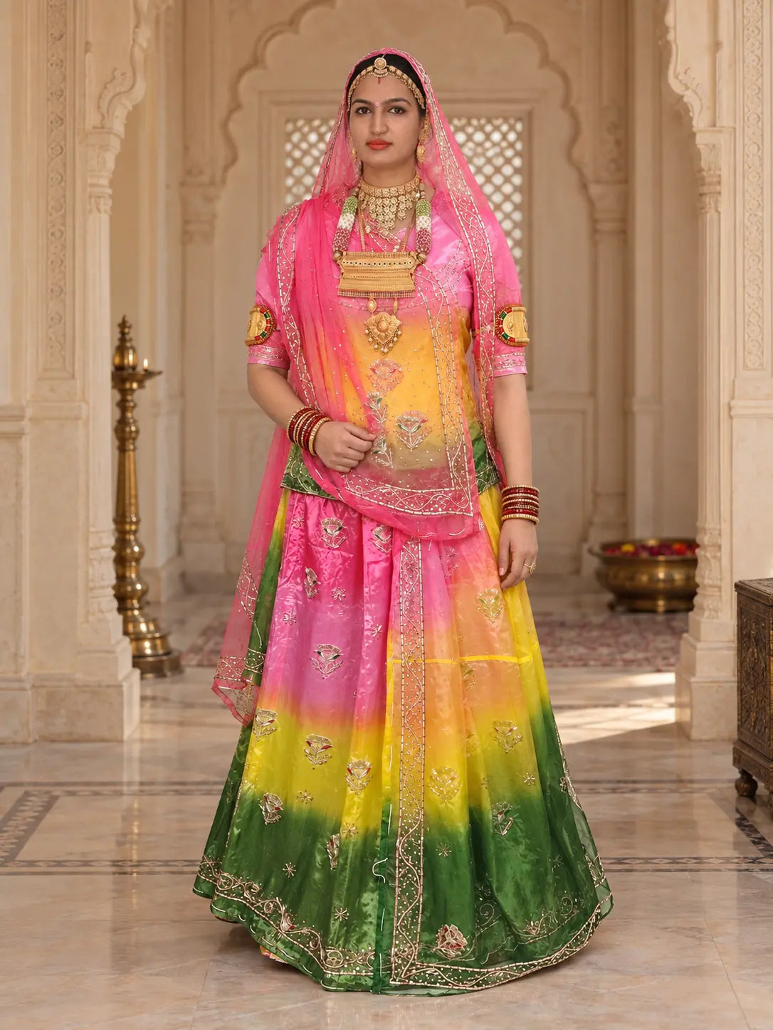 Pink green shaded Rajputi poshak in pure natural crepe with zardozi buttis and pink odhni, full front view
