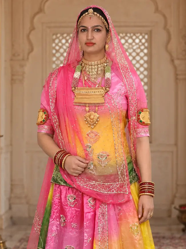 Pink kurti with orange-yellow shaded front and zardozi flower buttis, pink odhni draped over the head