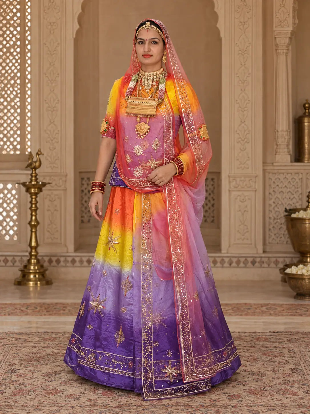 Purple colour Rajputi poshak in pure natural crepe shaded from orange and yellow, zardozi star buttis and coral odhni, full front view