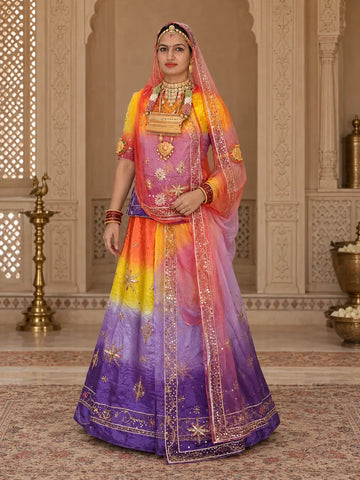 Purple colour Rajputi poshak in pure natural crepe shaded from orange and yellow, zardozi star buttis and coral odhni, full front view