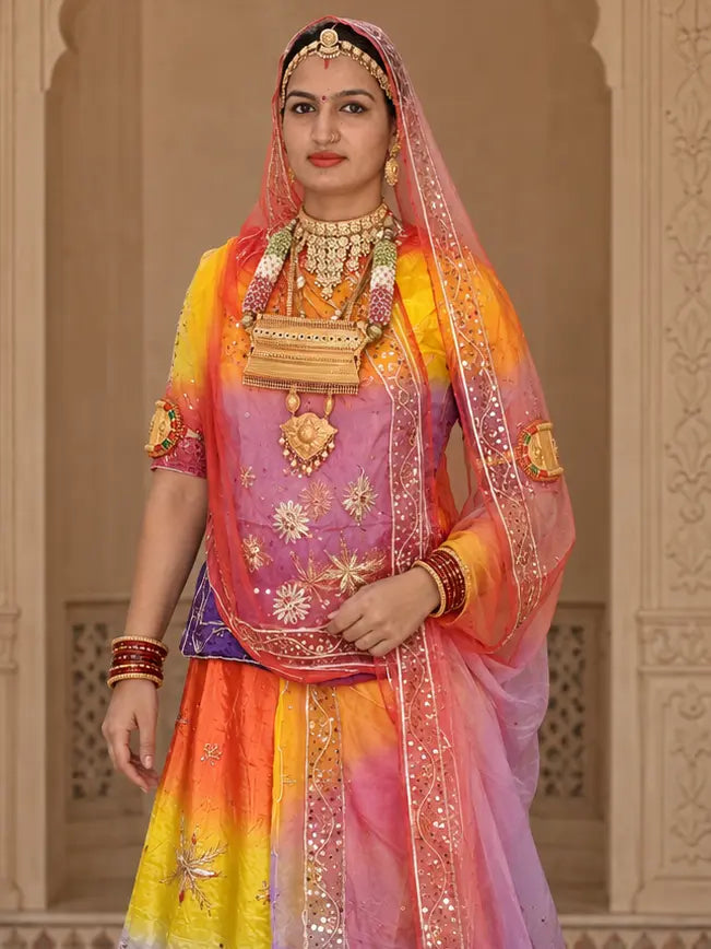 Yellow-shouldered mauve kurti with zardozi star and flower buttis, coral to pink odhni with sequin border over the head