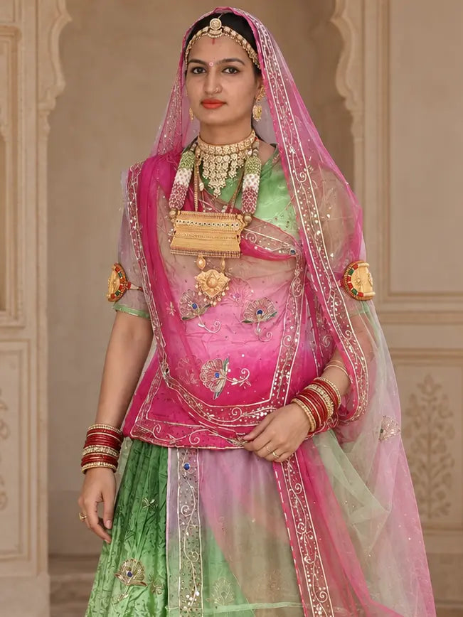Rani pink shaded kurti with zardozi fan buttis and rani pink odhni with sequin border draped over the head