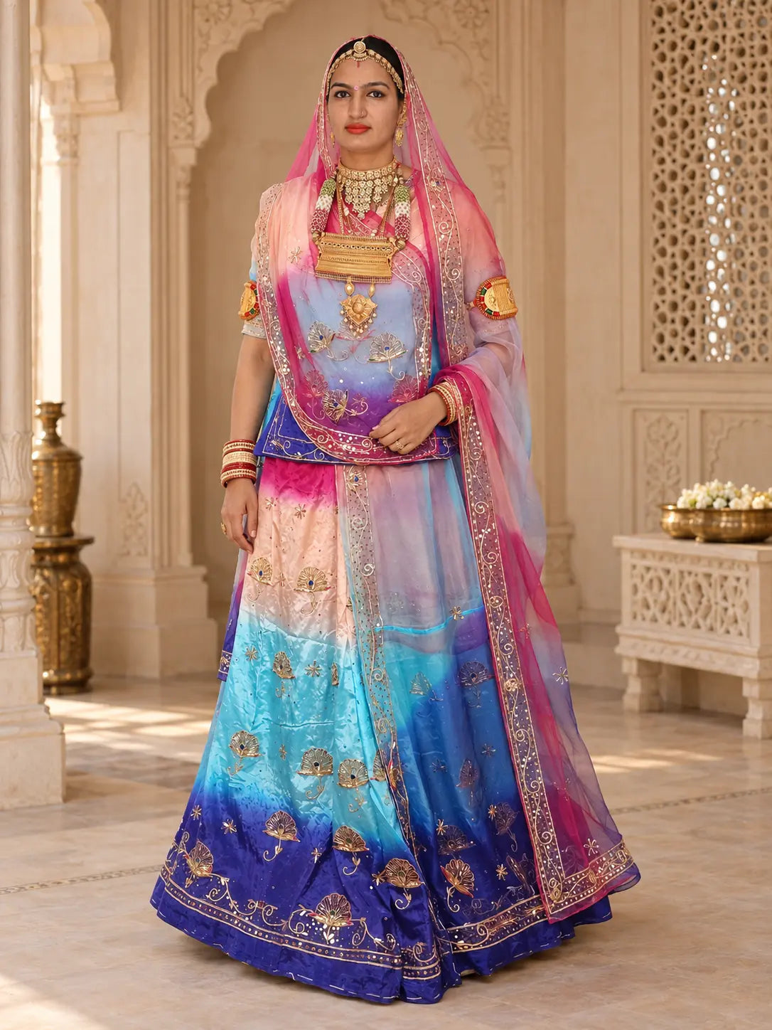 Royal blue Rajputi poshak shaded with rani pink and sky blue, zardozi fan buttis and pink pure odhni, full front view