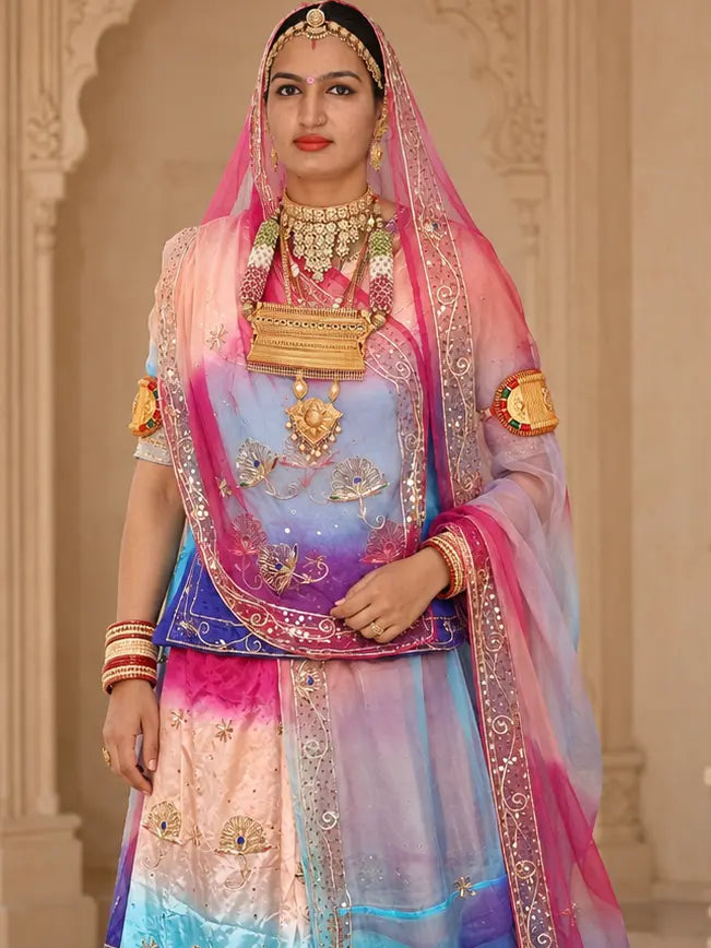 Lavender to purple shaded kurti with zardozi buttis and rani pink odhni with sequin border over the head