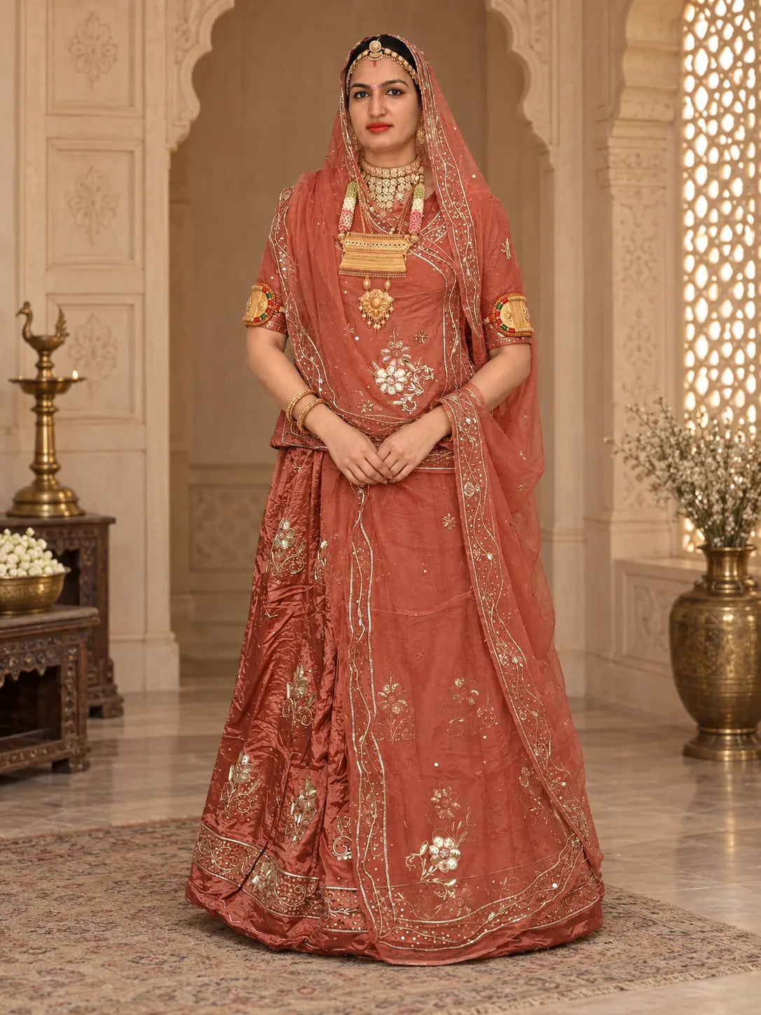 Rust colour Rajputi poshak in pure natural crepe with large zardozi flower buttis and matching odhni, full front view