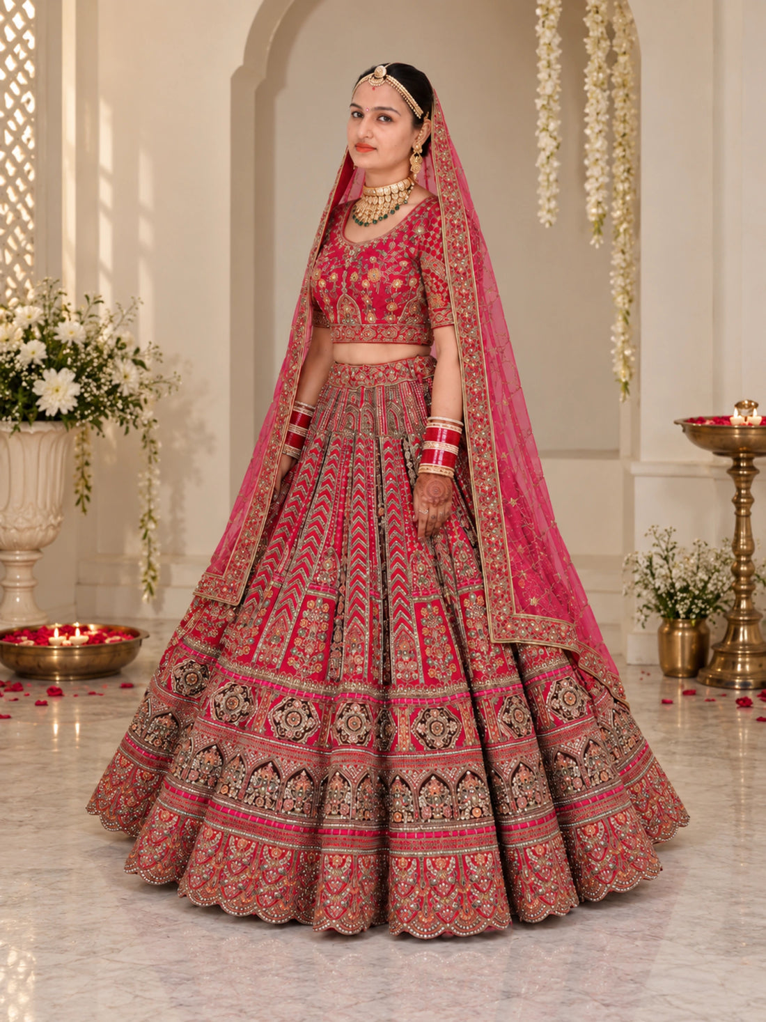 A woman stands in a decorated indoor setting wearing an ornate pink and red embroidered traditional outfit with a matching sheer dupatta, heavily detailed with gold and beige patterns. The scene includes floral arrangements, hanging white garlands, and lit candles.