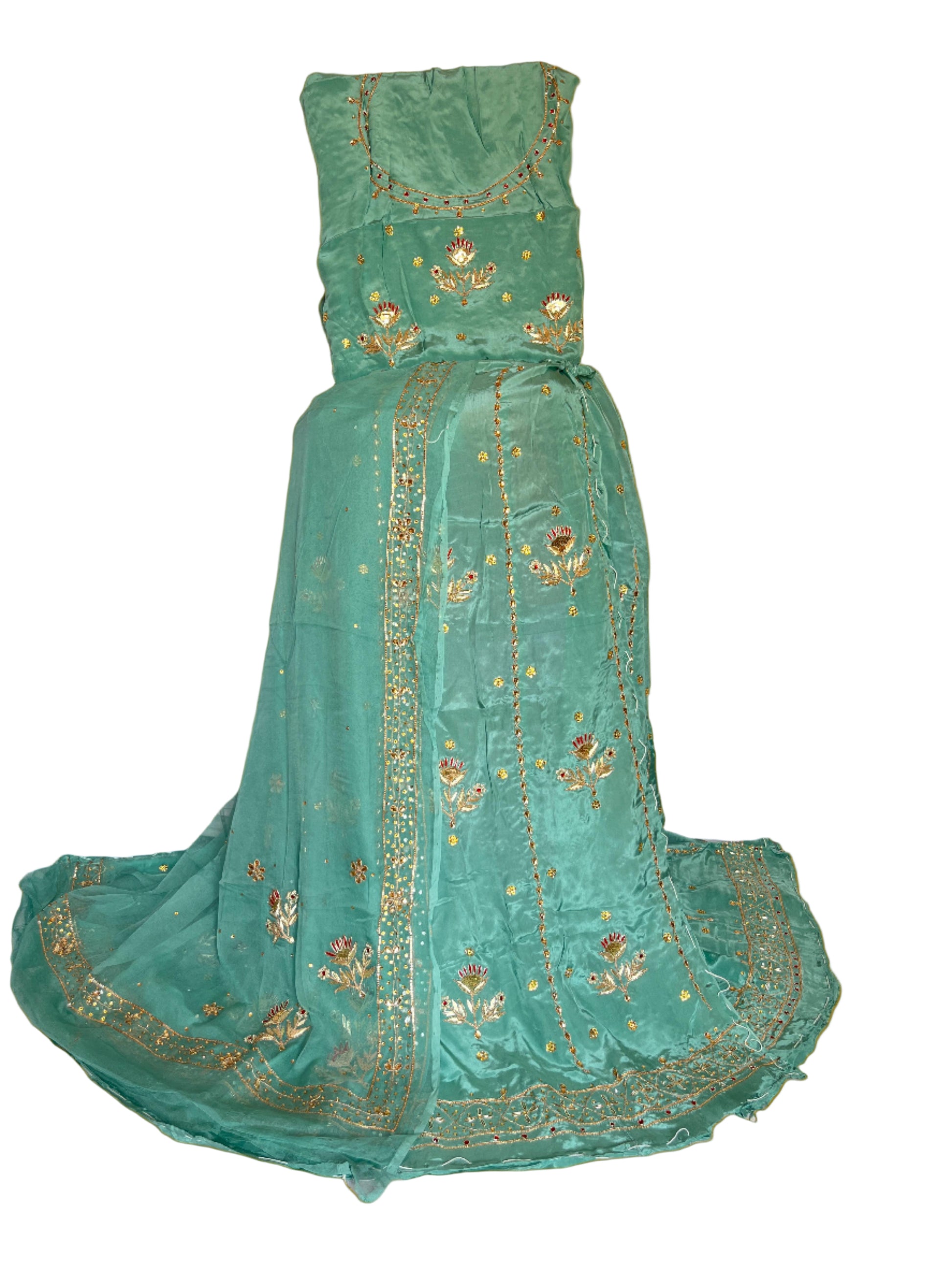 Sea Green Rajputi Poshak in Natural Crepe with Heavy Zardozi, Dabka, Kundan & Sequin Work and Thakur Ji Odhni