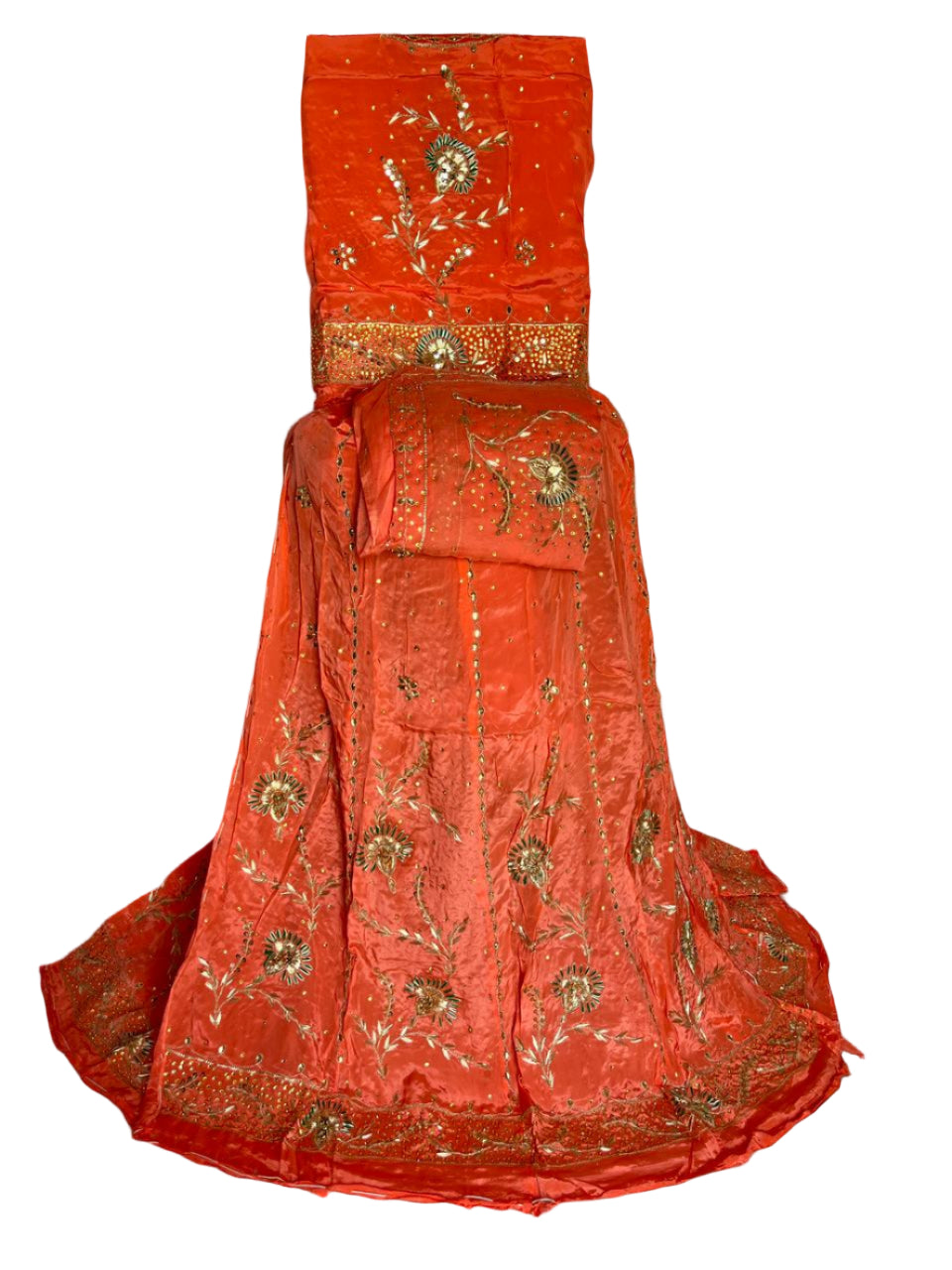 Red rajputi poshak embroidered fabric with gold patterns 