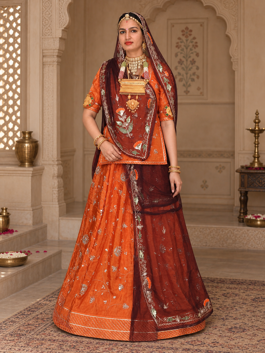 A woman models a traditional Indian salwar kameez outfit in sage green and black with gold embroidery, set against an ornate, historic interior with arches and brass lamps.
