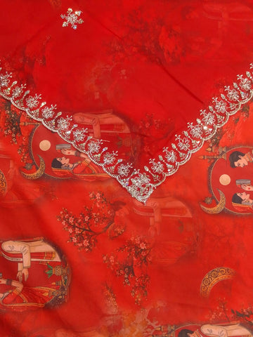 Red Karwa Chauth print BSY fabric with chalni and moon scenes, and Rajan odhni with cutwork sequin flower border