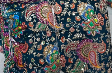 Decorative fabric with colorful paisley patterns on a dark background