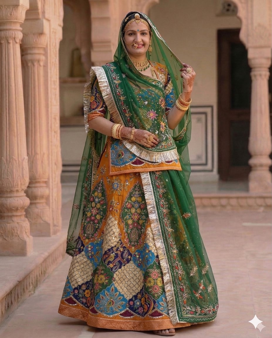 Woman in a traditional embroidered outfit standing in an architectural setting
