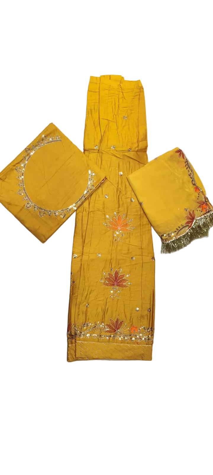 Mustard Yellow Crepe Rajputi Poshak with All Over Small Butti, Zardoji & Sequin Work | Traditional Rajputi Dress