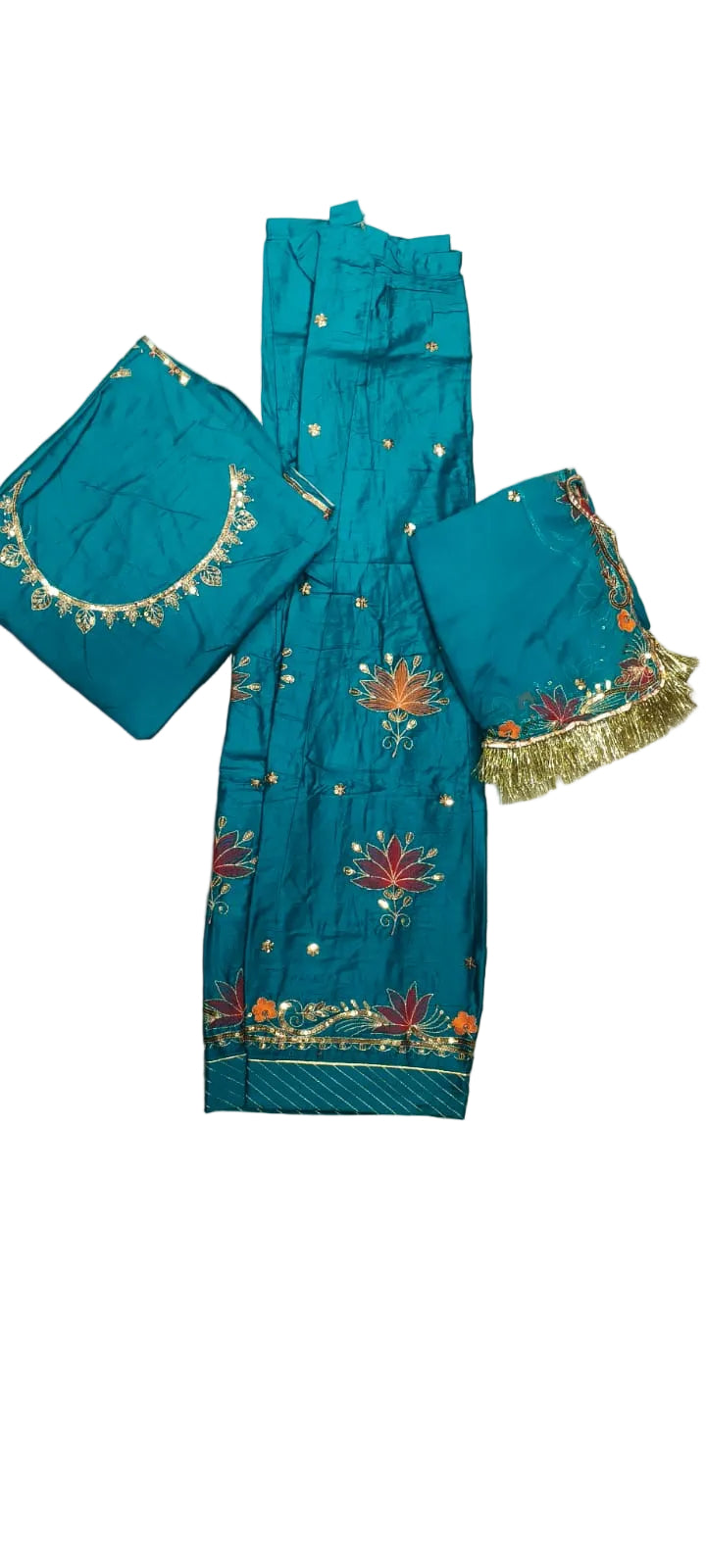 Turquoise Blue Crepe Rajputi Poshak with All Over Small Butti, Zardoji & Sequin Work | Traditional Designer Poshak