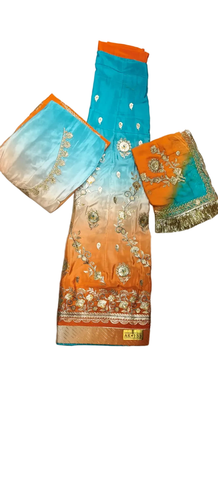 Sky Blue & Orange Ombre Shaded Rajputi Poshak in Crepe Fabric with Zardoji & Sequin Work | Traditional Rajasthani Dress