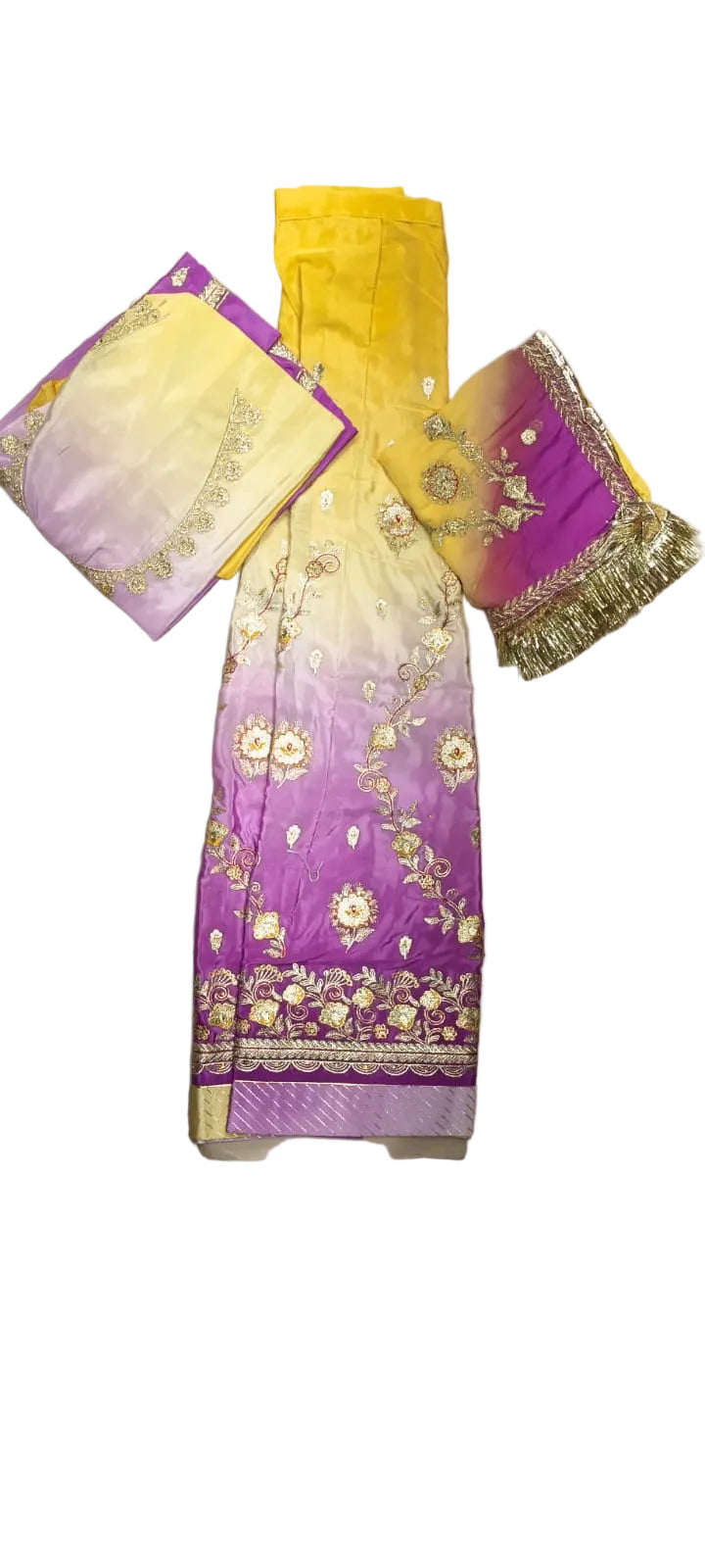 Yellow Purple Ombre Gradient Rajputi Poshak for Women | Crepe Fabric | Zardoji & Sequin Work | Traditional Rajasthani Dress