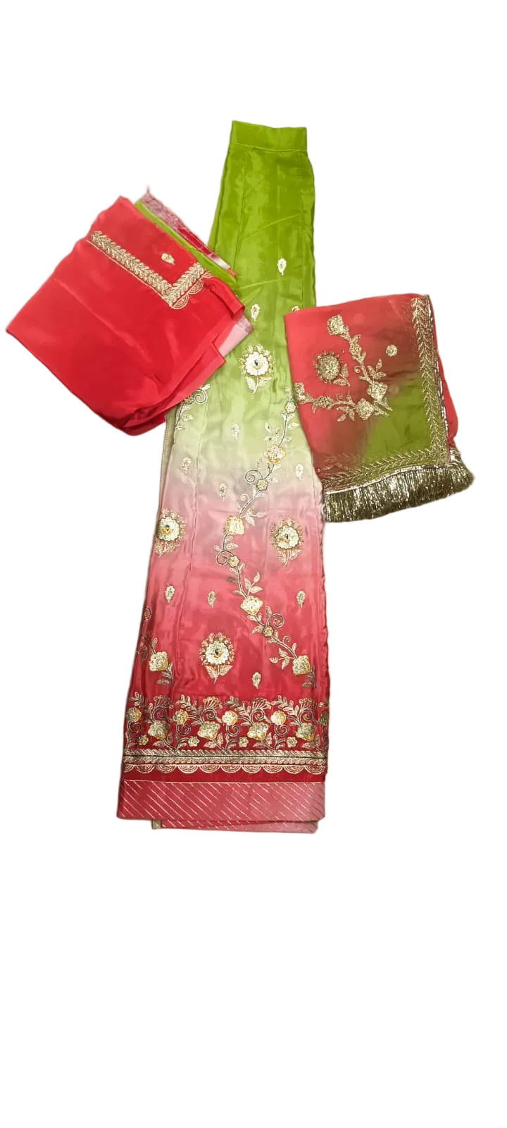 Green & Pink Ombre Rajputi Poshak in Crepe Fabric | Zardoji & Sequin Work Traditional Bridal Dress
