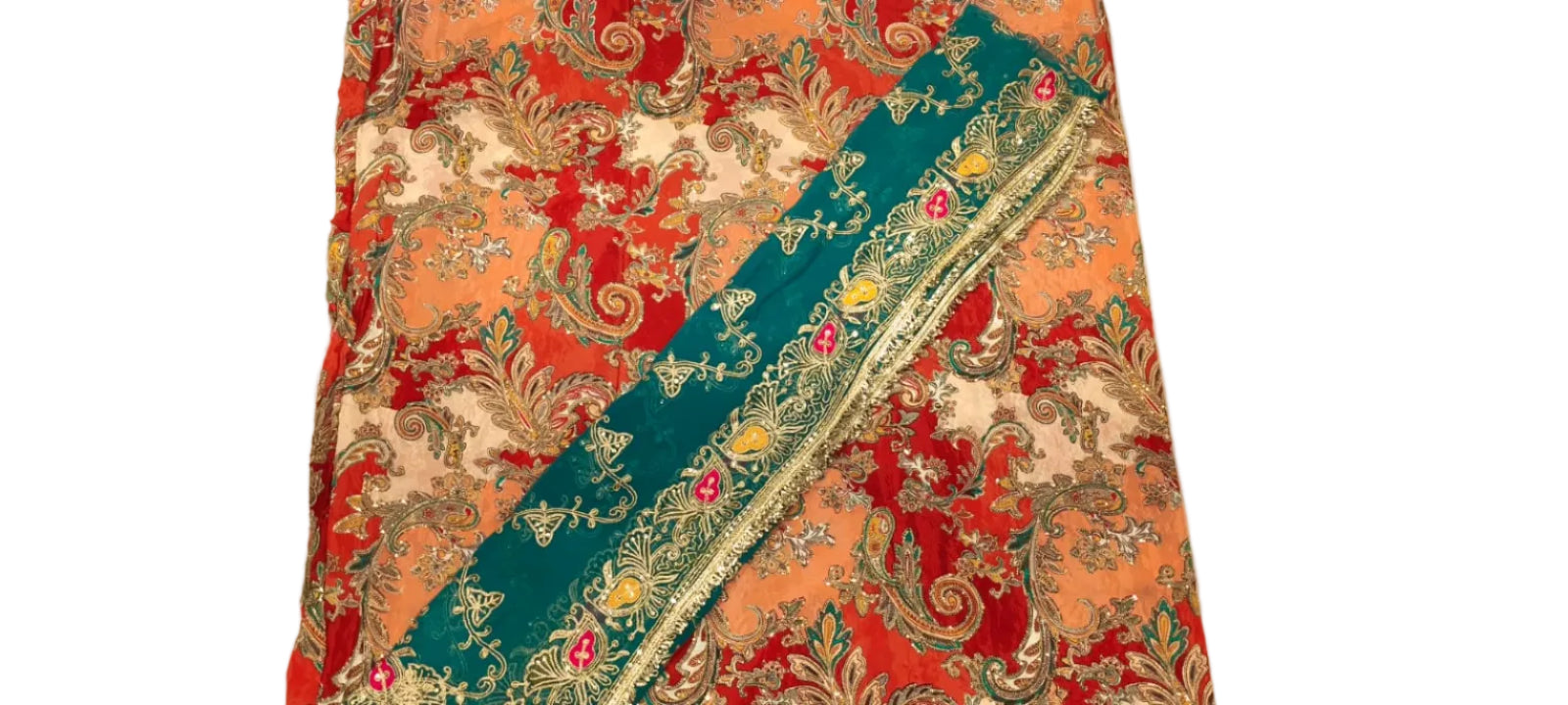 Saas Bahu Rajputi Poshak in Multicolor Paisley Print with Teal Zari Work Odhani | Pure Fabric Traditional Dress