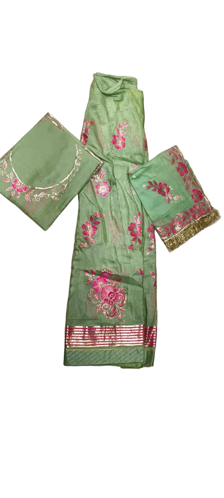 Premium Pure Fabric Floral Butti Dress Material with Sequin, Zari & Thread Embroidery Border Work – Mint Green