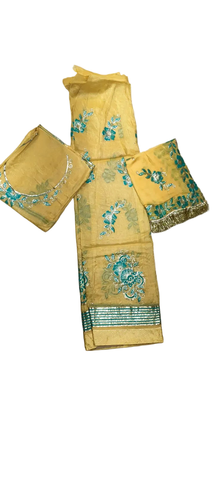Yellow Pure Fabric Floral Butti Rajputi Dress Material with Sequin, Zari & Thread Embroidery Border Work