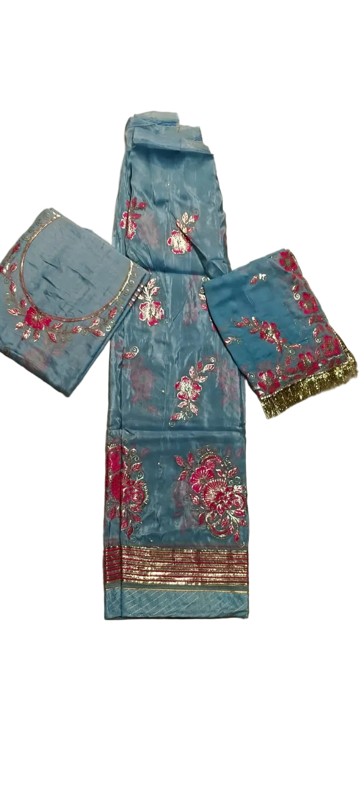 Sky Blue Floral Butti Rajputi Poshak | Pure Fabric | Sequin, Zari & Thread Embroidery with Heavy Border Work