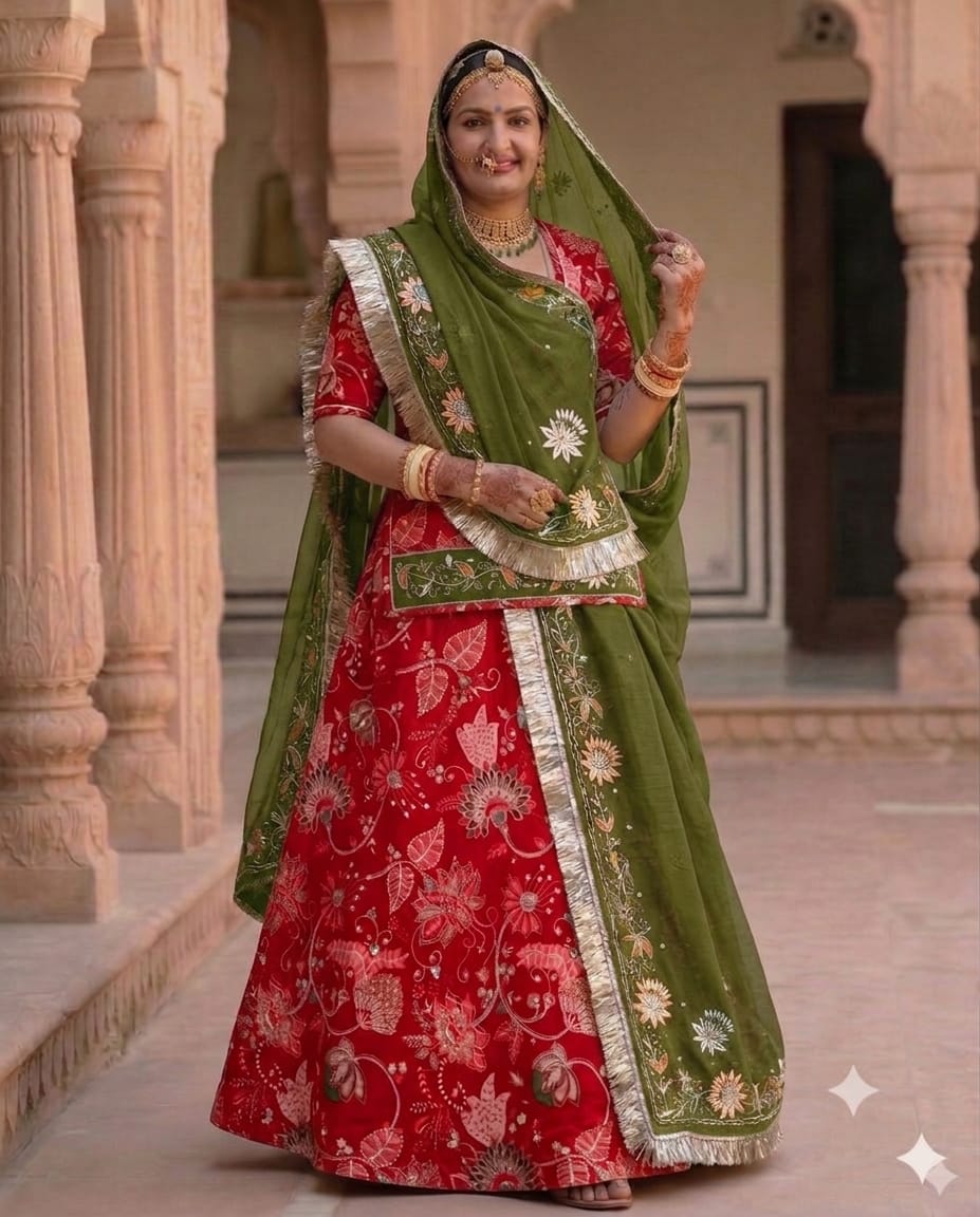 Premium Pimpal Pata Rajputi Poshak Pure Fabric | Zari Work & Thread Embroidery Designer Fabric | Traditional Rajasthani Dress Material