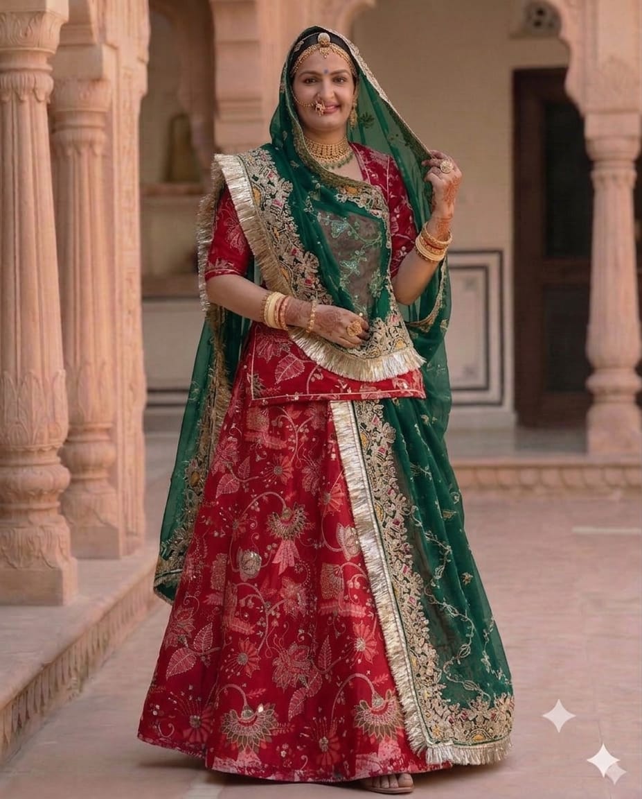 A woman wearing a traditional Indian red and green lehenga choli with gold embroidery, standing in a stone courtyard with pillars.