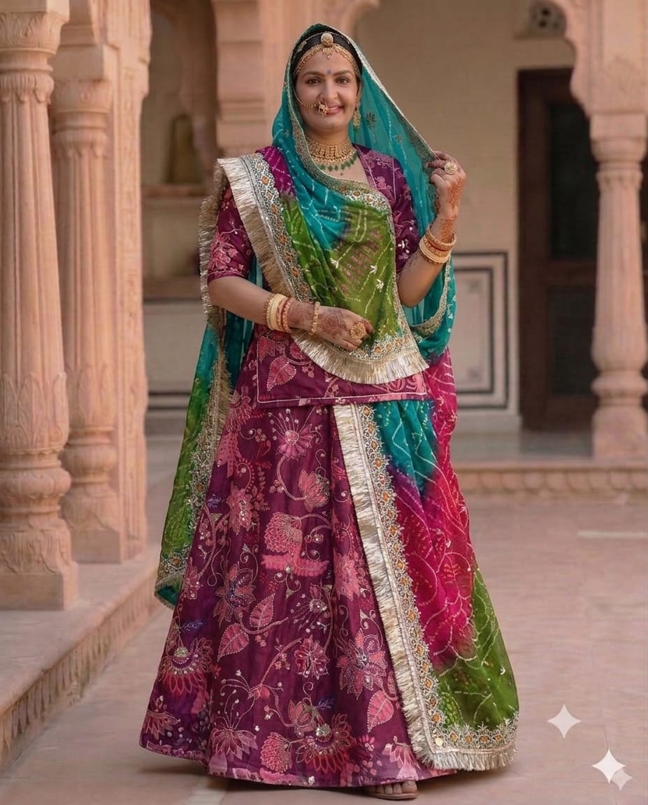 A woman wearing an ornate traditional Indian lehenga choli outfit with a magenta skirt, green blouse, and teal dupatta, standing in a stone corridor with pillars.
