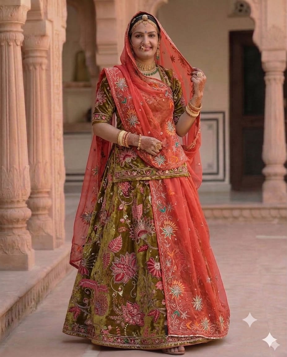 A woman wearing an ornate traditional Indian lehenga choli dress with a green embroidered skirt, coral pink embroidered overlay, and matching dupatta, standing in a historic stone corridor with pillars.