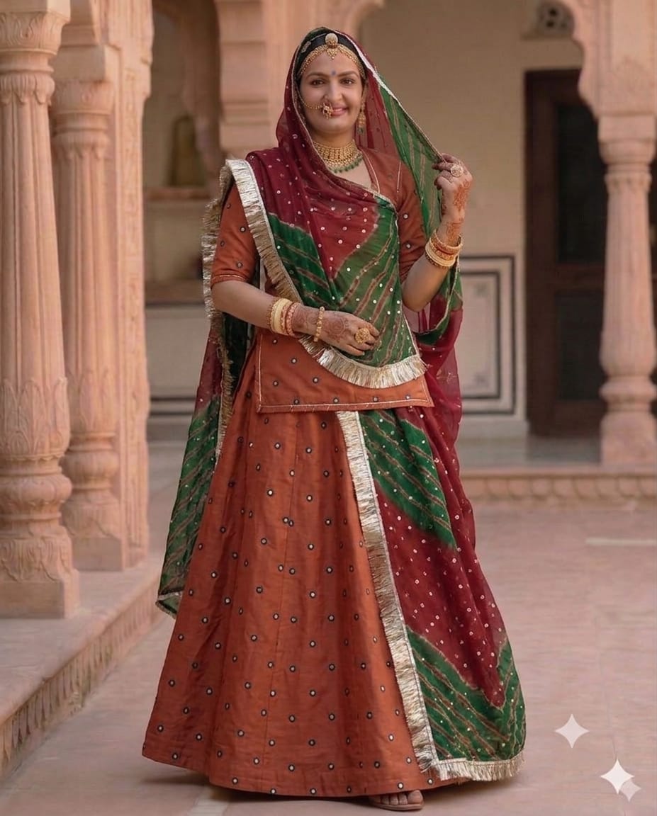 Pure Tissue Brown Mukesh Tari Rajputi Poshak Fabric with Leheriya Odhni | Traditional Mukesh Work Dress Material