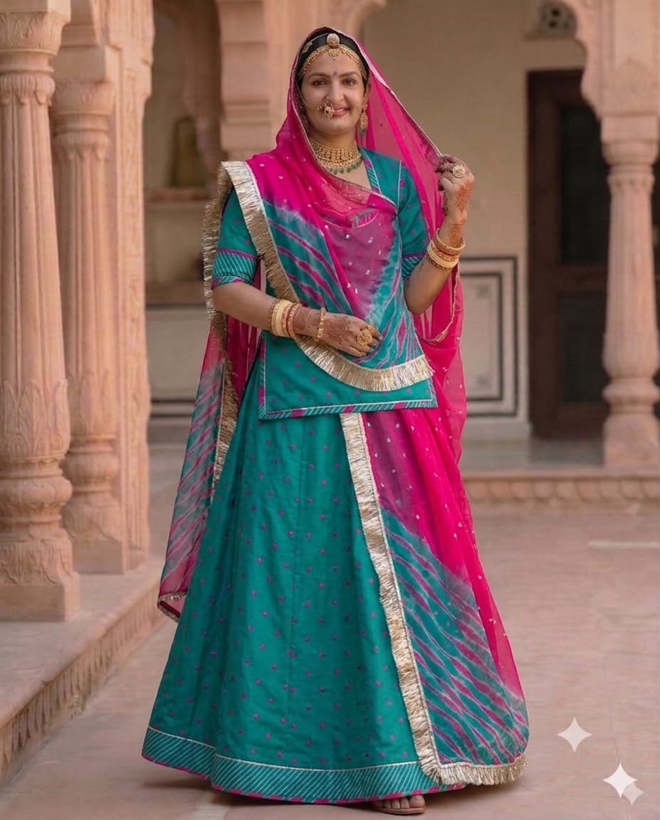 Pure Tissue Mukesh Tari Rajputi Poshak with Pink Leheriya Odhni | Peacock Teal Green & Rani Pink Traditional Dress