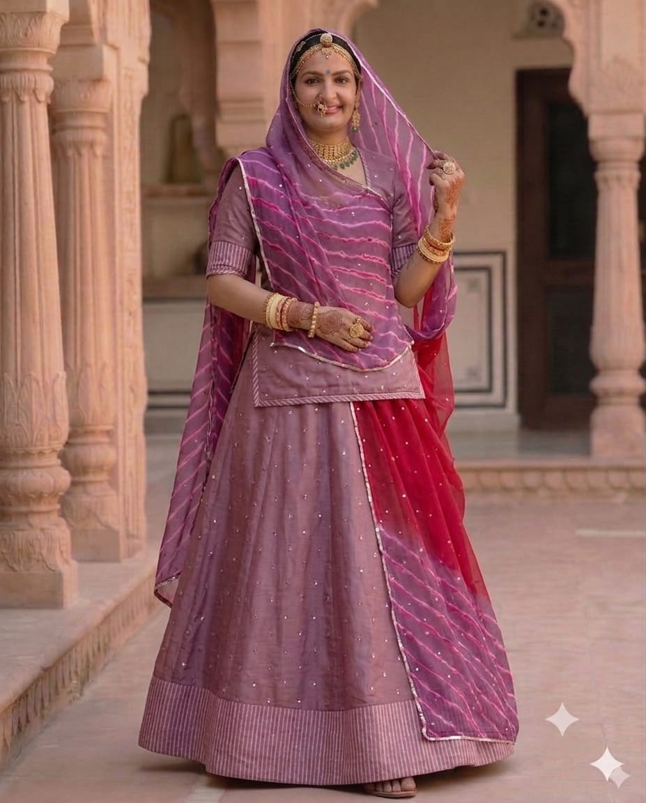 Purple Tissue Pure Mukesh Tari Rajputi Poshak with Pink Leheriya Odhni | Traditional Rajasthani Dress